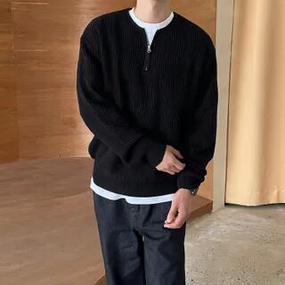 Long-Sleeve Half Zip Plain Knit Top Black by Sinlarity