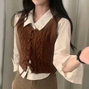 Plain Shirt / Lace-Up Cable-Knits Sweater Vest Vest - Brown 280218488