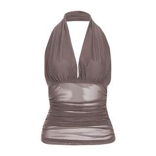 Halter V-Neck Plain Sheer Open-Back Slim-Fit Crop Tank Top Brown by Sugarcoat
