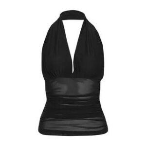 Halter V-Neck Plain Sheer Open-Back Slim-Fit Crop Tank Top Black 280230597