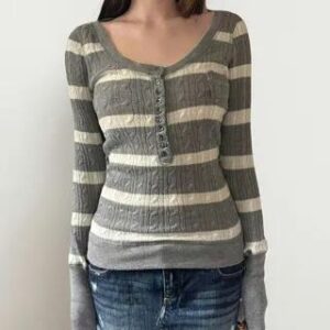Long Sleeve Scoop Neck Striped Slim-Fit Knit Top Gray 280322626