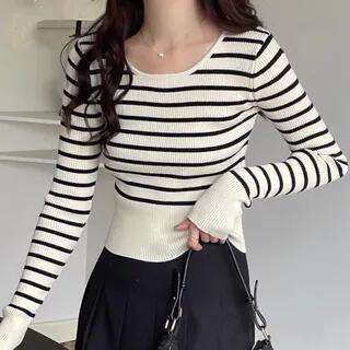Long Sleeve Round Neck Striped Ribbed Knit Top Black & White by Striinkie