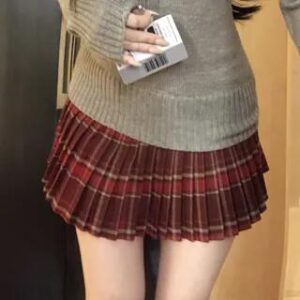 High Waist Striped Pleated Mini Skirt Skirt - Red 280322664