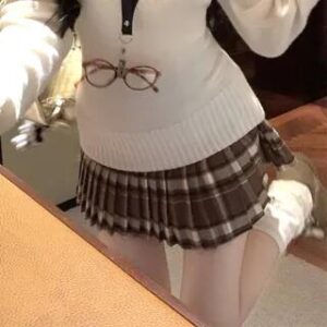 High Waist Striped Pleated Mini Skirt Skirt - Brown 280322665