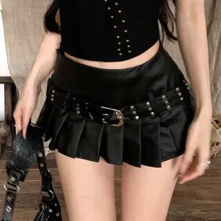 Mid Rise Pleated Belted Faux Leather Mini A-Line Skirt Belted Faux Leather Skirt - Black by Metonymph