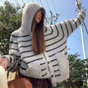 Hooded Striped Button-Up Cardigan Gray 280330671