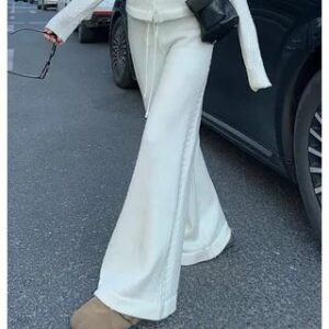 Stand Collar Plain Cardigan / Mid Rise Plain Wide Leg Pants Pants - White 280348337
