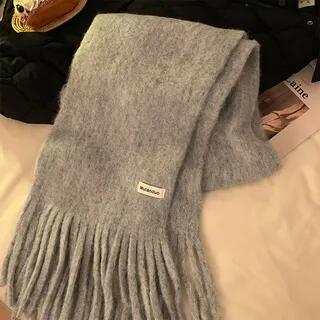 Plain Fringed Knit Scarf Gray by Nikifa