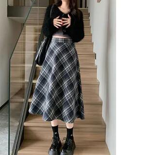 High Rise Plaid Midi A-Line Skirt Gray by Sienne