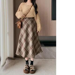 High Rise Plaid Midi A-Line Skirt Brown by Sienne