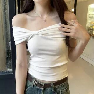 Off-Shoulder Plain Ruched Slim Fit Crop Top White by Bolgivy