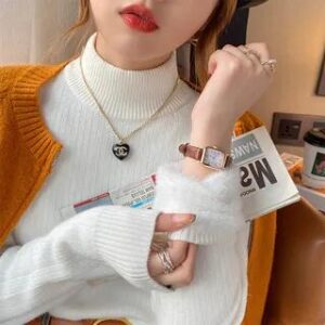 Long-Sleeve Turtleneck Plain Fleece-Lined Knit Top White 280398760