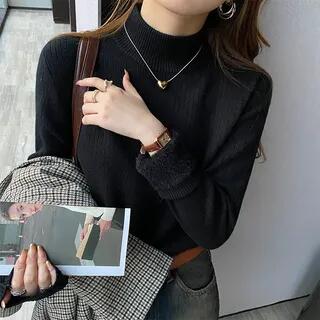 Long-Sleeve Turtleneck Plain Fleece-Lined Knit Top Black by Alfie