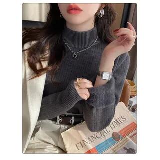 Long-Sleeve Turtleneck Plain Fleece-Lined Knit Top Dark Gray by Alfie