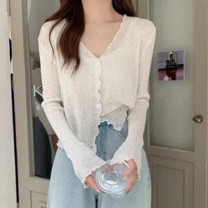 Plain Lettuce Edge Cardigan Green 280448226