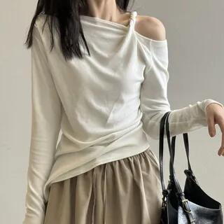 Cold Shoulder Twisted Asymmetrical Plain T-Shirt White by Shinsei