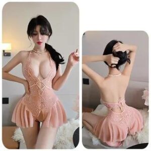 Halter Deep Plunge Plain Ruffle Cutout Crotchless Lace Bodysuit Nude 280552427