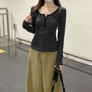 Long-Sleeve Striped Henley T-Shirt Stripes - Gray & Black by OUREA
