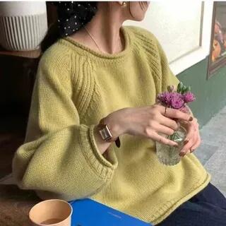 [F] Crew Neck Plain Sweater Green by innomori