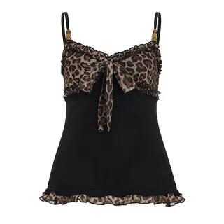 V-Neck Leopard Print Ruffled-Trim Slim-Fit Cami Top Black by Sosana