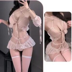 Set: Halter Faux Pearl Strap Tie Front Bralette + Thong + Arm Sleeves Set of 3 - Pink 280652058