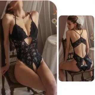 Plain Cutout Crotchless Lace Teddy Black by Candyiry