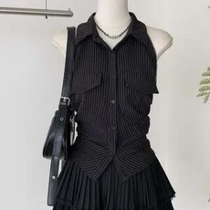 Sleeveless Collared Pinstriped Tie Back Shirt / High Waist Plain Pleated Lace Trim Mini A-Line Skirt Shirt - Black 280652079