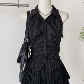 Sleeveless Collared Pinstriped Tie Back Shirt / High Waist Plain Pleated Lace Trim Mini A-Line Skirt Shirt - Black by Dute