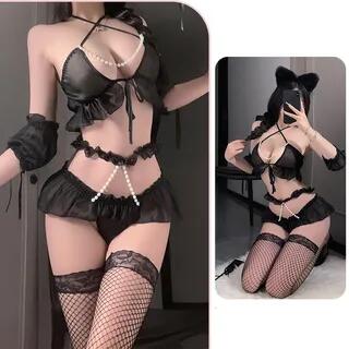 Set: Halter Faux Pearl Strap Tie Front Bralette + Thong + Arm Sleeves Set of 3 - Black by Candyiry