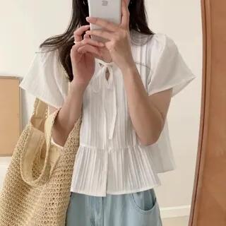 Short-Sleeve Plain Bow Blouse White by ANORA