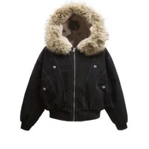 Contrast Stitching Fleece-Lined Fluffy Trim Hooded Zip Jacket 667 - Black 280707894