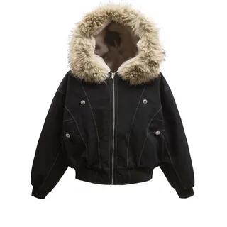 Contrast Stitching Fleece-Lined Fluffy Trim Hooded Zip Jacket 667 - Black by Rosamira