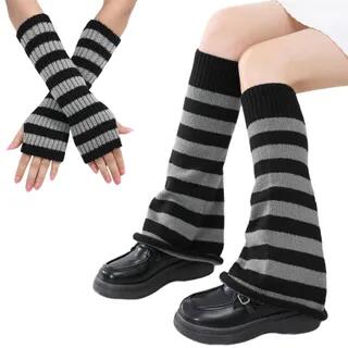 Set: Ribbed Knit Arm Sleeves + Leg Warmers Stripes - Black & Gray by Kinoxslone