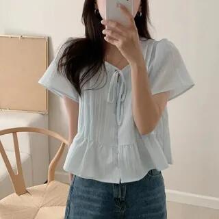 Short-Sleeve Plain Bow Blouse Blue by ANORA