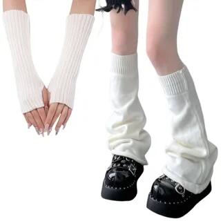Set: Ribbed Knit Arm Sleeves + Leg Warmers Plain - White by Kinoxslone
