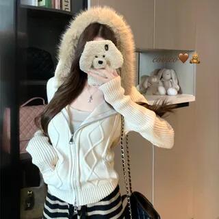 Fluffy Hooded Plain Zip Cardigan Almond by Joyciful