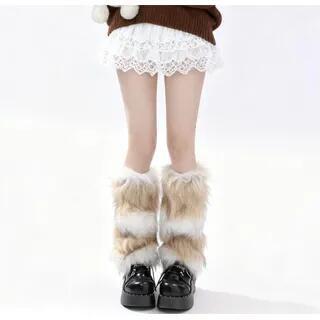 Fluffy Faux Fur Leg Warmers White Brown - 40cm by Whychunga