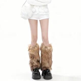 Fluffy Faux Fur Leg Warmers Coffee by Whychunga