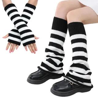Set: Ribbed Knit Arm Sleeves + Leg Warmers Stripes - Black & White by Kinoxslone