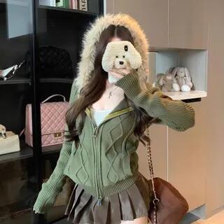 Fluffy Hooded Plain Zip Cardigan Green by Joyciful