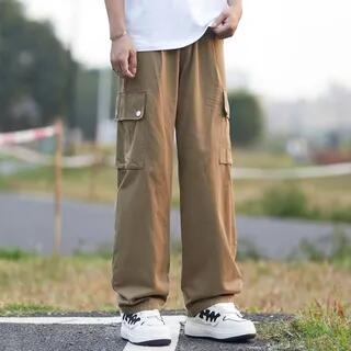 Drawstring Waist Plain Wide Leg Cargo Pants Brown by Femilina