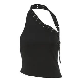 Buckle Accent Cut-Out Asymmetric Hem Tank Top / Low Waist Studded Hot Pants Top by Sugarcoat