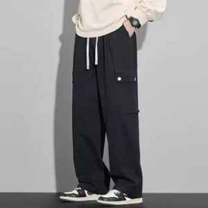Drawstring Waist Plain Wide Leg Cargo Pants Black 280762963