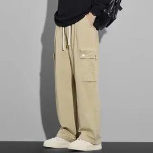 Drawstring Waist Plain Wide Leg Cargo Pants Khaki 280762964