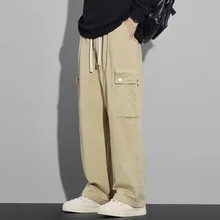 Drawstring Waist Plain Wide Leg Cargo Pants Khaki by Femilina