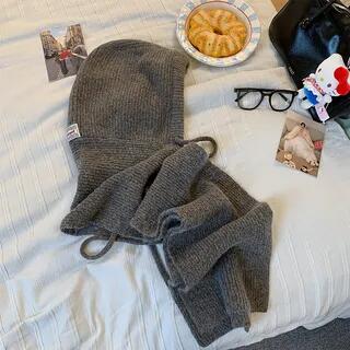 Plain Knit Hooded Scarf Grayish Coffee by Pompabee