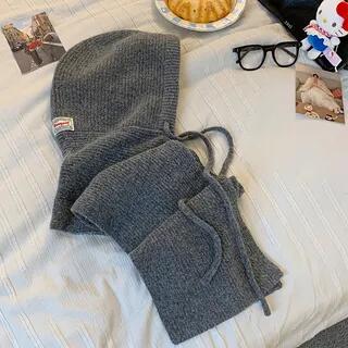 Plain Knit Hooded Scarf Light Gray by Pompabee