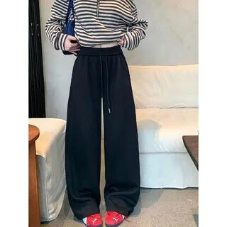 High Waist Plain Loose-Fit Wide-leg Sweatpants Black by Rosesand