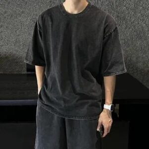 Short-Sleeve Round Neck Plain T-Shirt / Drawstring Waist Shorts T-Shirt - Black 280803198