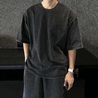 Short-Sleeve Round Neck Plain T-Shirt / Drawstring Waist Shorts T-Shirt - Black by Obikan